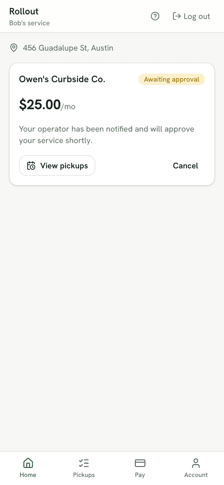 The customer dashboard while a subscription is still awaiting approval