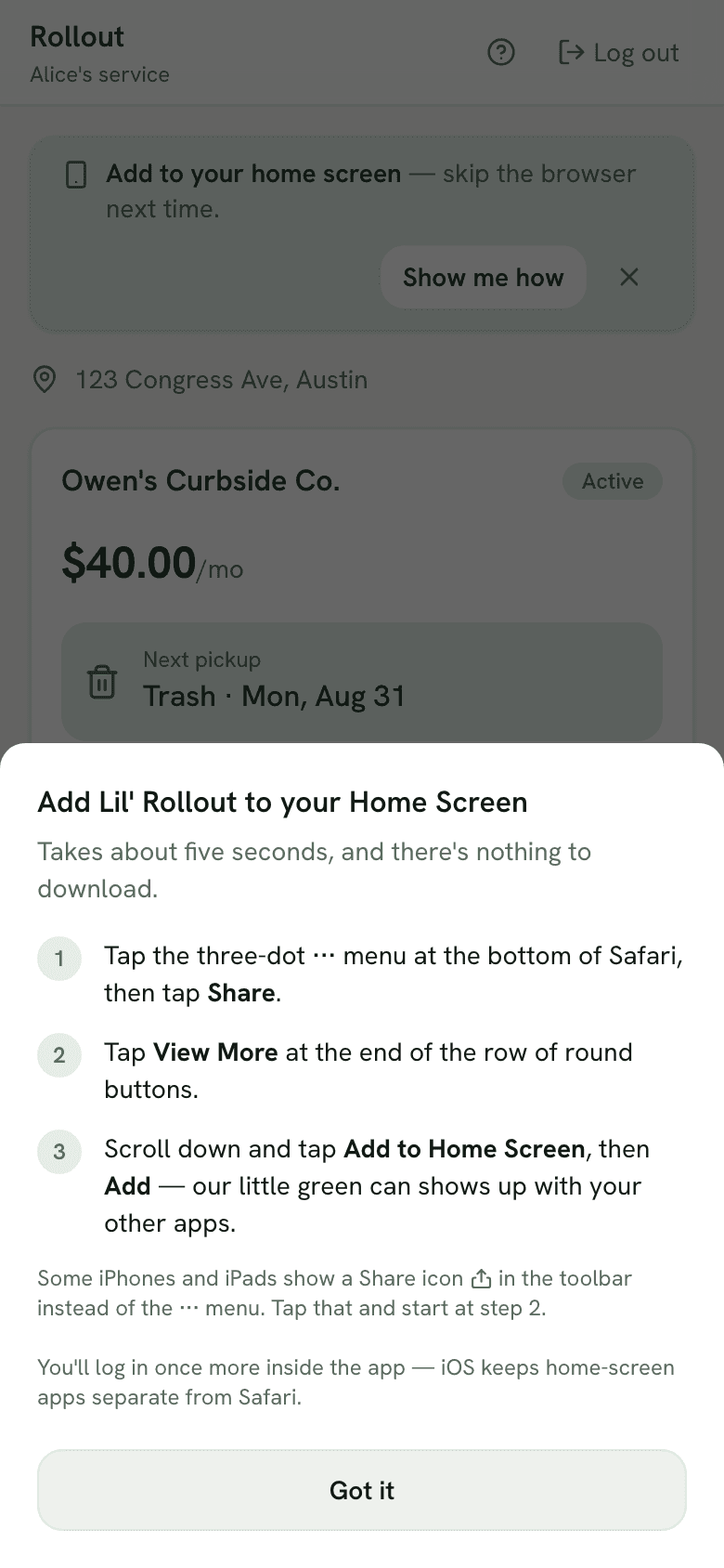 The iOS install instructions, opened from the account page