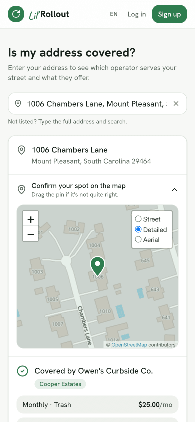 The pin map on the Detailed view, with the houses along the street drawn and numbered