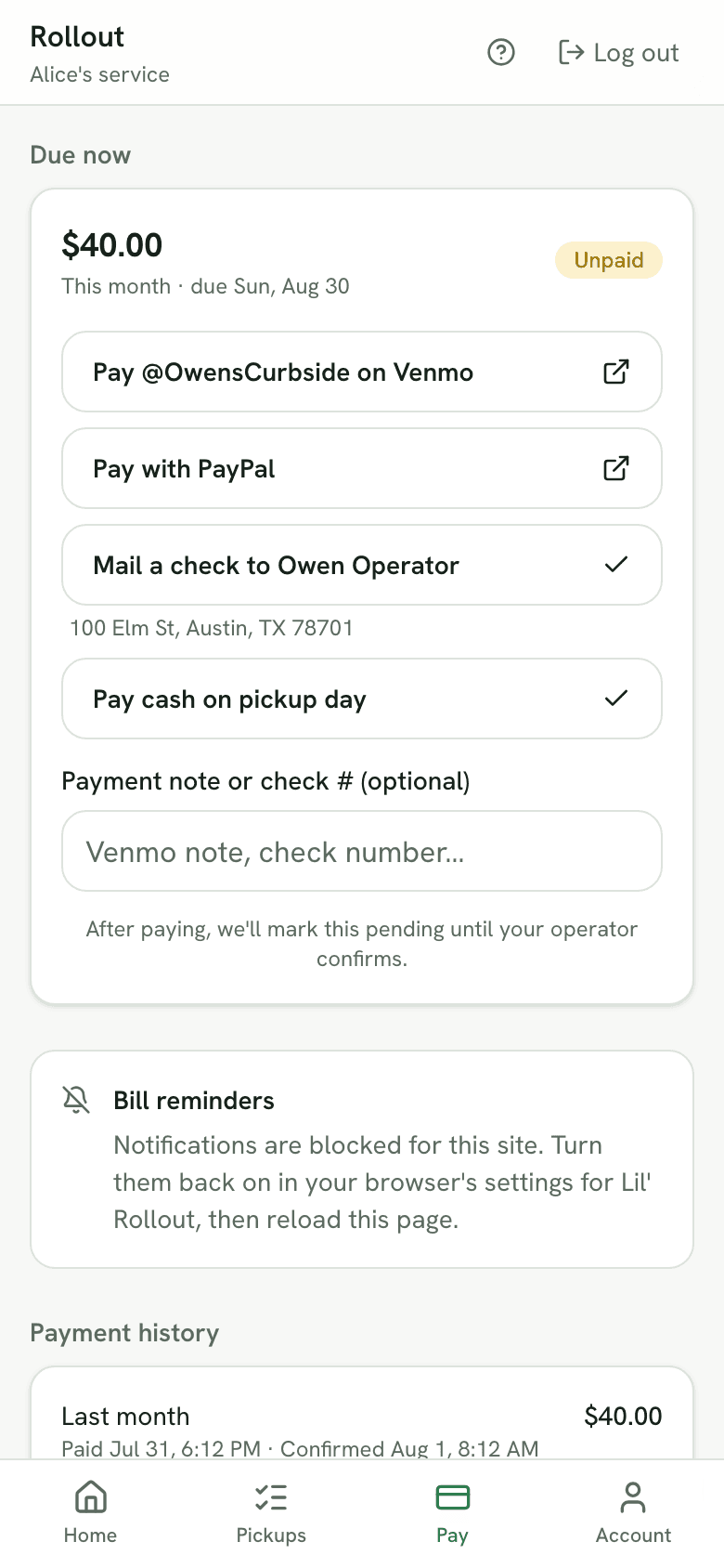 The Pay tab, showing an amount due and the payment options