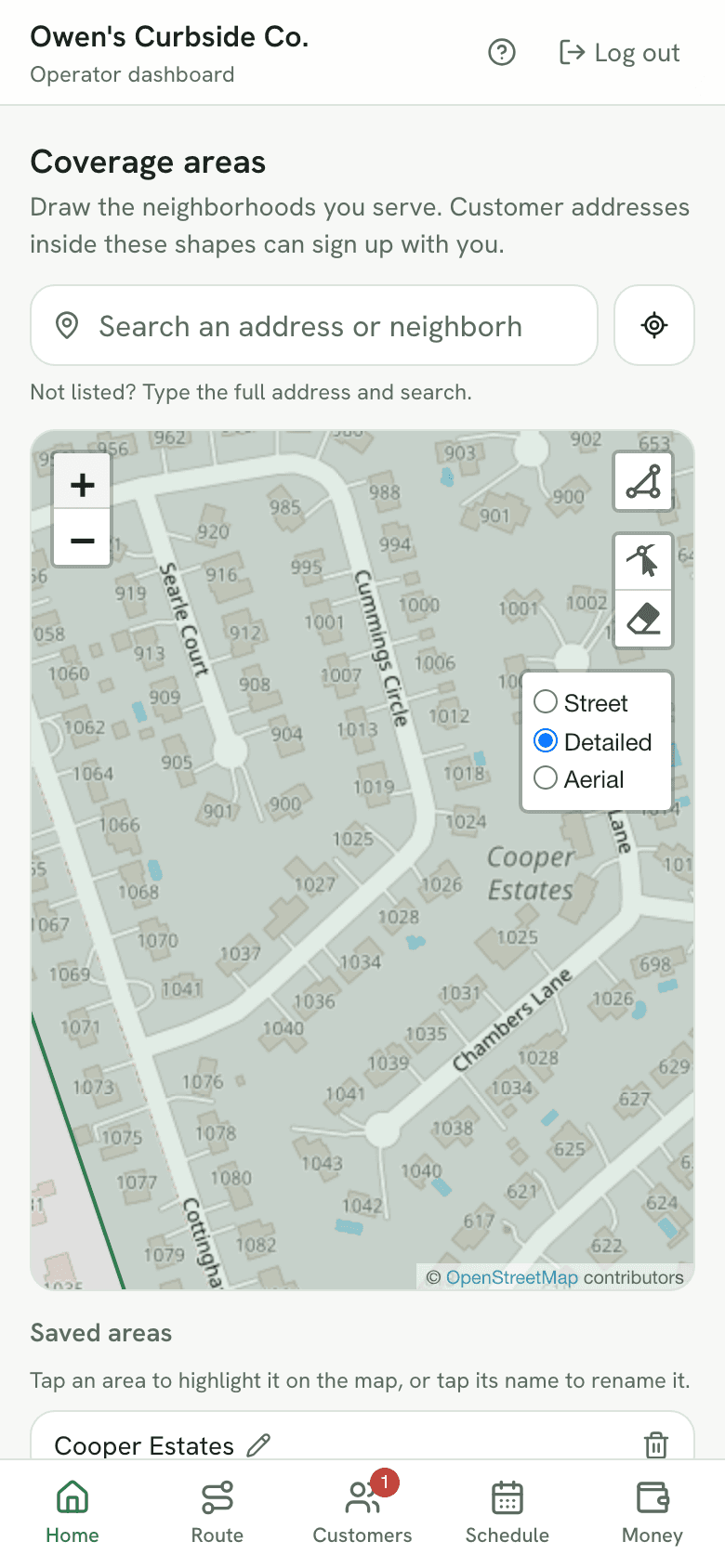 The coverage editor zoomed in on the Detailed view, houses numbered along each street