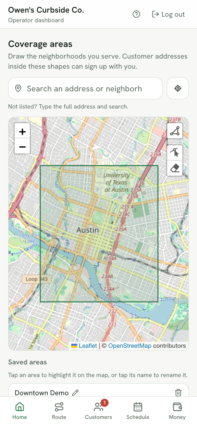 The coverage editor with a drawn area