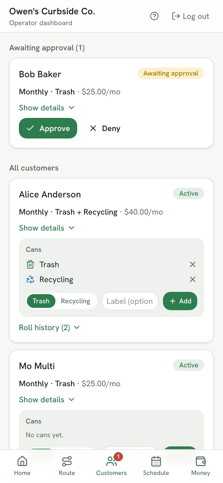 The customers page, with someone awaiting approval