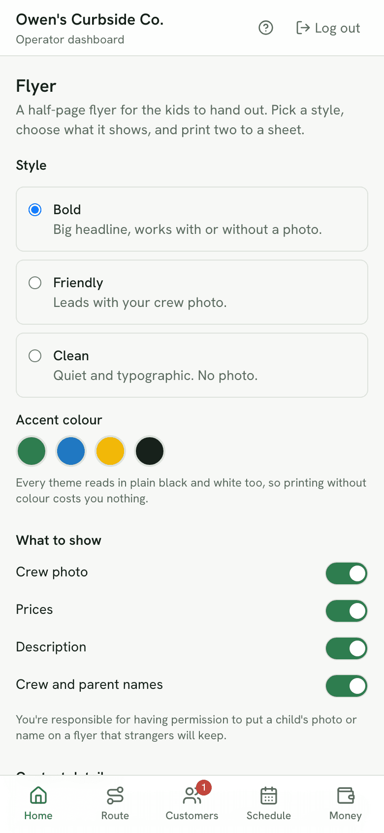 The flyer builder: three styles to choose from, an accent colour, and switches for what appears on the flyer