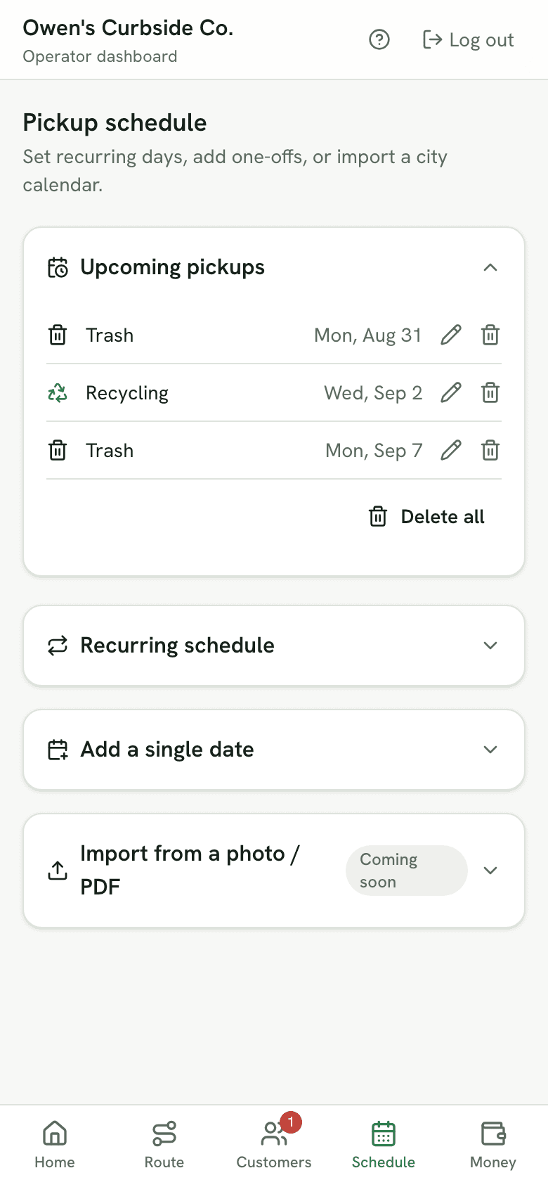 The calendar import panel on the schedule page