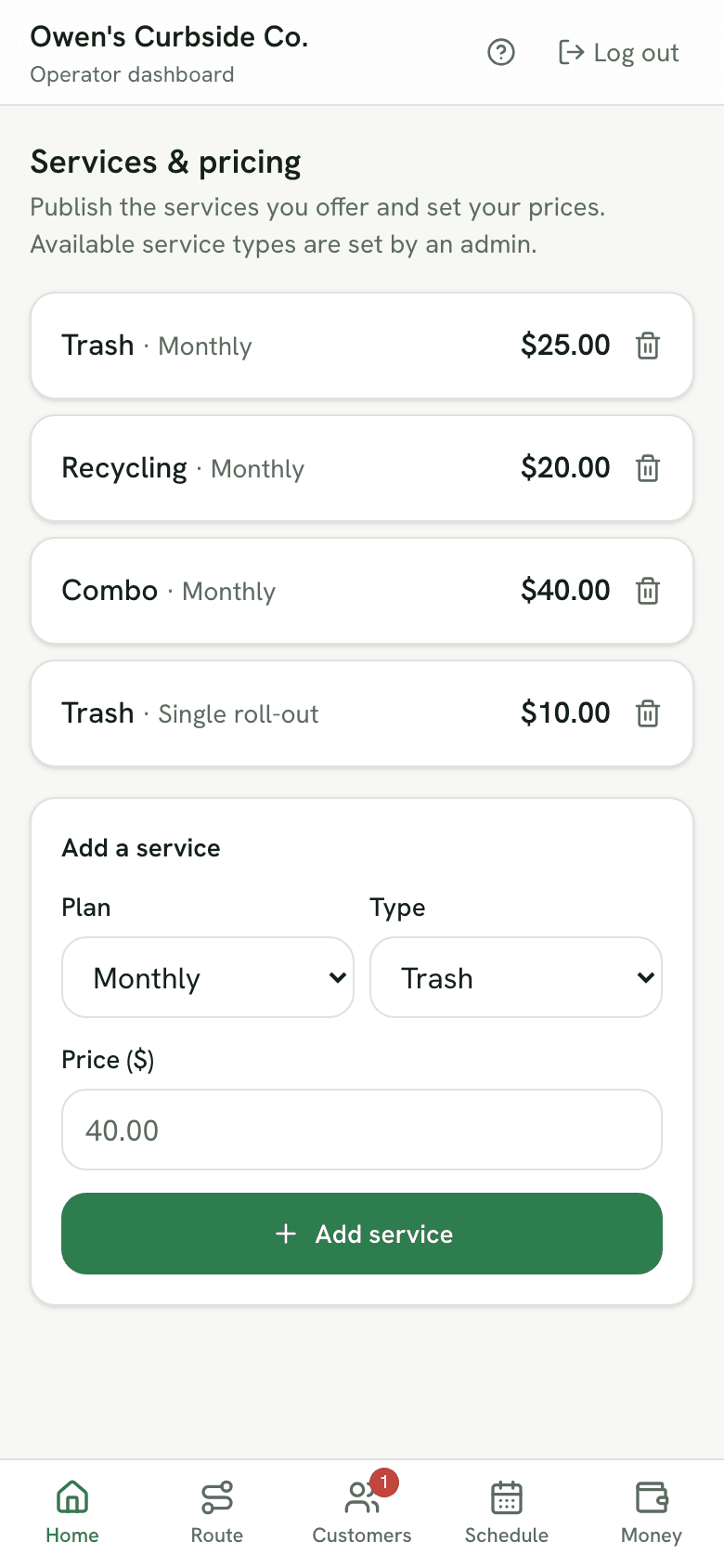 The services and pricing page