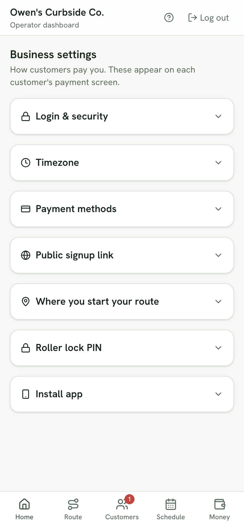 The operator settings page